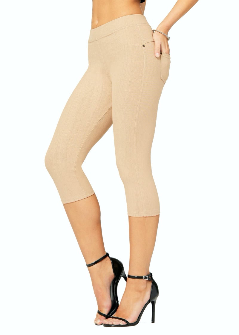 Conceited Capri Leggings - Jeggings for Women with Pockets - High Waist - Tummy Control Shaping - Regular and Plus Size - Beige Nude - Small - Medium - Image 1
